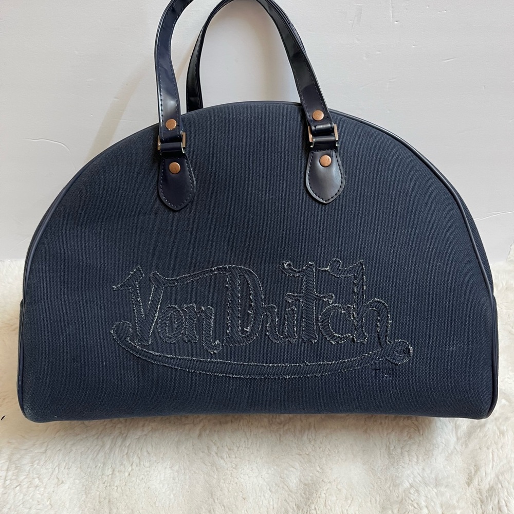 Vintage Von Dutch Navy Blue Denim Bowling Bag Duffle Frayed Letters Bowler USED